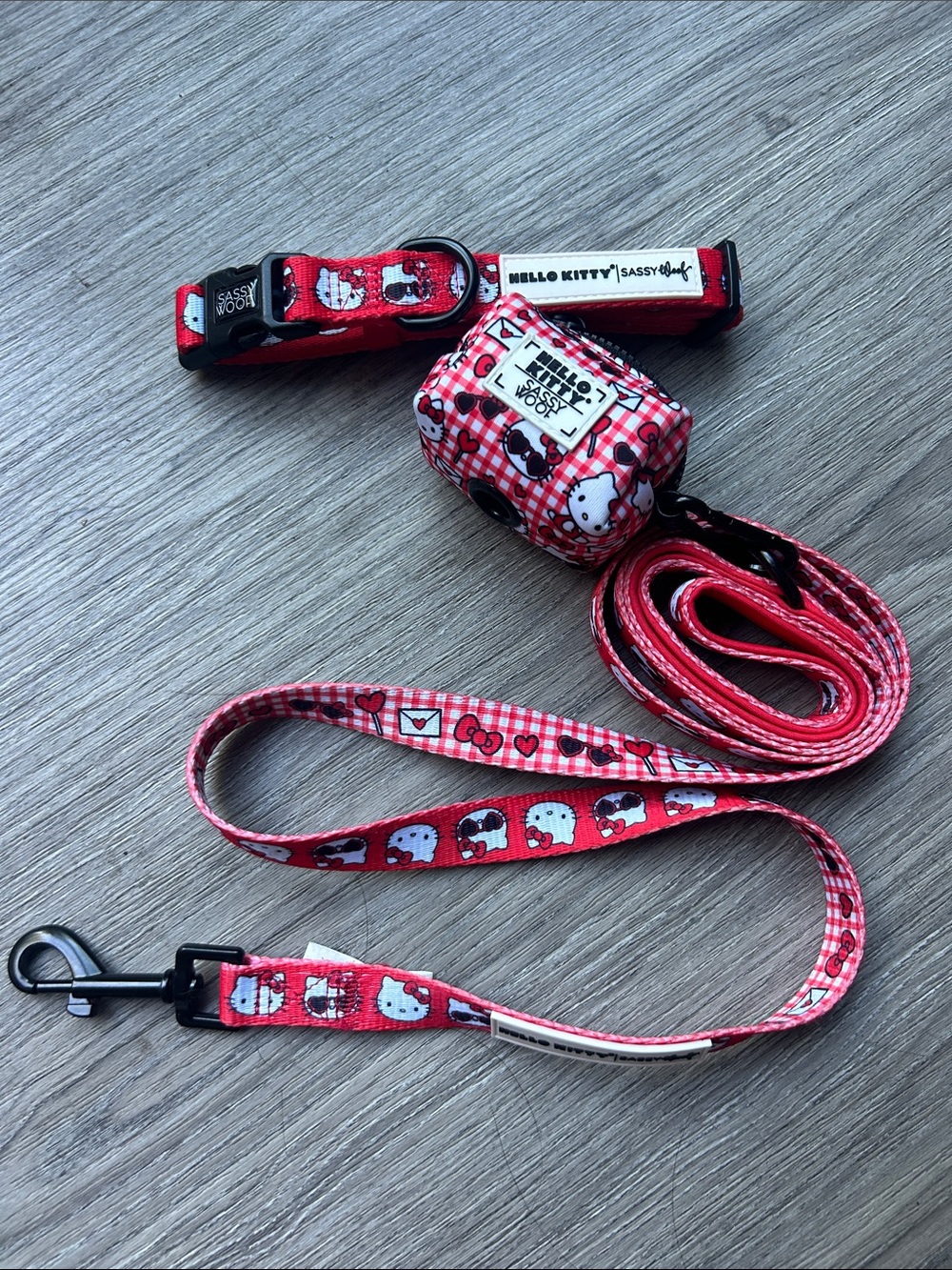 Sassy Woof x Hello Kitty Dog Walk Set • collar fabric leash waste bag holder